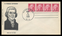 U.S. Scott # 1055b, 2c Thomas Jefferson, Tagged Coil, Plate # Strip of 4 on FDC, Newly-Discovered Large Hole Variety (See Warranty)