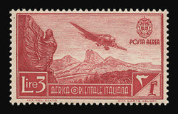 ITALIAN EAST AFRICA Scott # C 8, 1938 3.00 lire carmine lake Airplane/Mountains