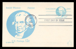 U.S. Scott #UY32a 12c Isaiah Thomas Reply Card First Day Cover.  Andrews cachet.  FDOI Cancel on the Large Die, Bullseye Cancel on the small die.