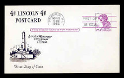 U.S. Scott #UX48 4c Abraham Lincoln Postal Card First Day Cover.  Centennial cachet.