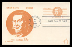 U.S. Scott #UY34 13c Robert Morris Reply Card First Day Cover.  Andrews cachet.