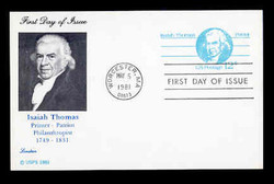 U.S. Scott #UX 89 12c Isaiah Thomas Postal Card First Day Cover.  Lorstan cachet.