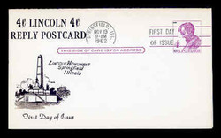 U.S. Scott #UY18 4c Abraham Lincoln Reply Card First Day Cover.  Centennial cachet.