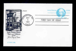 U.S. Scott #UY32a 12c Isaiah Thomas Reply Card First Day Cover.  Artmaster cachet.