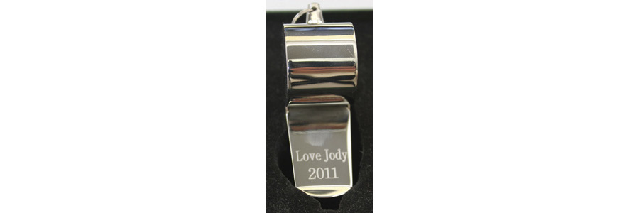 Our engraved Coach Whistle can be engraved on the back of the whistle with two lines of text.