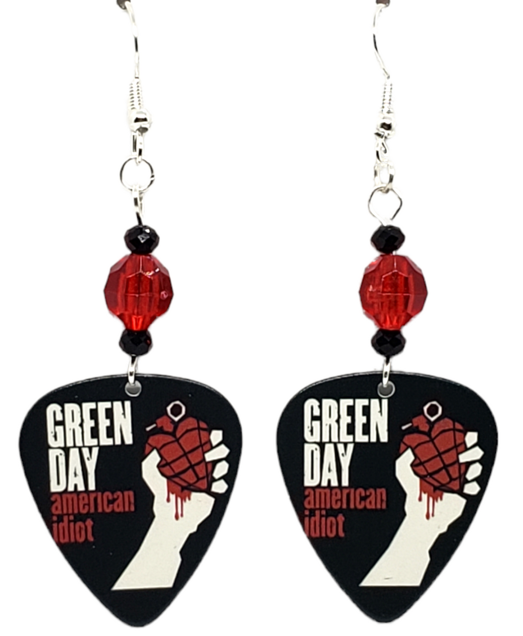 Green Day Guitar Pick Beaded Earrings Handmade in USA