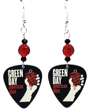 Green Day Guitar Pick Beaded Earrings, Handmade in the USA