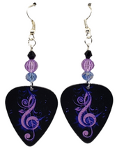 Purple Treble Clef Guitar Pick Earrings, Handmade in the USA