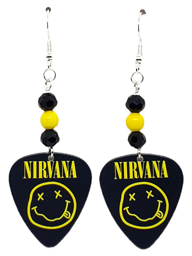 Nirvana Kurt Cobain Rock Band Guitar Pick Beaded Earrings, Handmade in USA