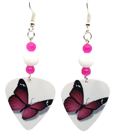 Pink Butterfly Guitar Pick Earrings, Handmade in USA