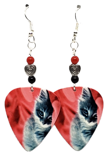 Gray Cat, Kitten Guitar Pick Earrings, Handmade in USA