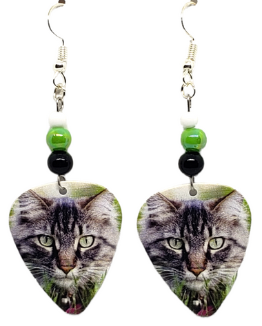 Maine Coon Cat Tabby Kitten Guitar Pick Earrings, Handmade in USA
