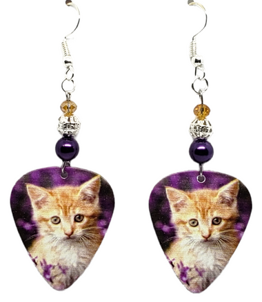 Yellow Cat, Kitten Guitar Pick Earrings, Handmade in USA