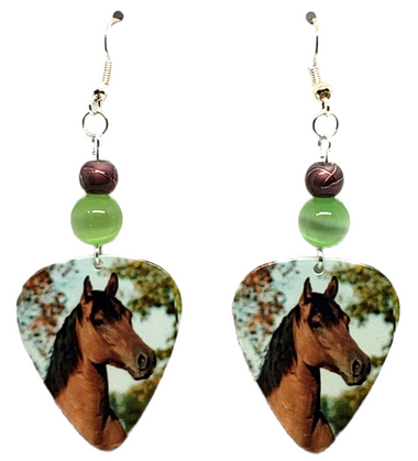 Brown Horse Guitar Pick Earrings, Handmade in USA