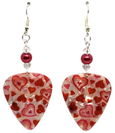 Red Hearts on White Guitar Pick Earrings, Handmade in the USA