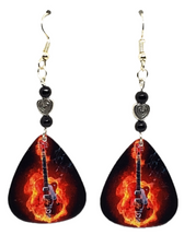 Flaming Electric Guitar on Guitar Pick Earrings, Handmade in the USA