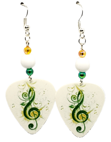 Green Treble Clef Guitar Pick Earrings, Handmade in the USA