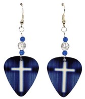 White Cross on Blue Guitar Pick Earrings, Handmade in the USA