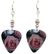 Pink Rose Flower Guitar Pick Earrings, Handmade in the USA