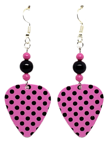 Polka Dots on Pink Guitar Pick Earrings, Handmade in the USA