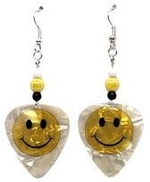 Yellow Smiley Face Guitar Pick Earrings, Handmade in the USA