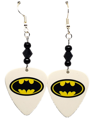 Batman Symbol Logo Guitar Pick Earrings, Handmade in the USA