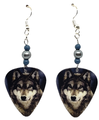 Gray Wolf Guitar Pick Beaded Earrings, Handmade in the USA