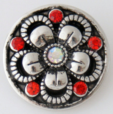 Silver Flower with Red and White Rhinestones Snap Jewelry Charm, 20mm