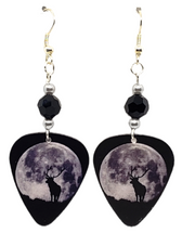 Elk against a Full Moon Deer Animal on Guitar Pick Earrings