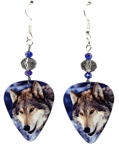 Wolf on blue Guitar Pick Earrings, Handmade in USA
