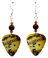 Music Notes on Tan Guitar Pick Beaded Earrings, Handmade in the USA