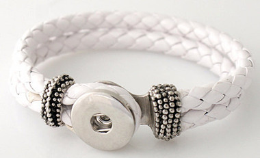 Double Strand White Braided Leather Snap Bracelet
