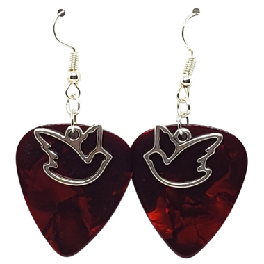 Dove Outline Charm on Red Guitar Pick Earrings