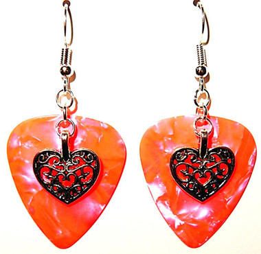 Heart Deco Charm on Pink Guitar Pick Earrings