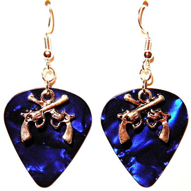 Crossed Guns Charm on Dark Blue Guitar Pick Earrings