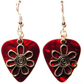 Large Flower Charm on Red Guitar Pick Earrings