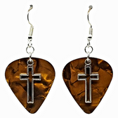 Open Cross Religious Charm on Guitar Pick Earrings, Handmade in USA