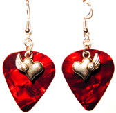 Heart with Wing Charm on Red Guitar Pick Earrings Handmade in USA