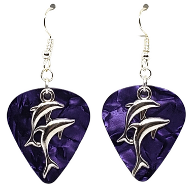 Two Dolphins Charms on Guitar Pick Earrings, Handmade in USA