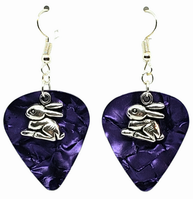 Easter Bunny Rabbit Charm on Guitar Pick Earrings - Handmade in USA