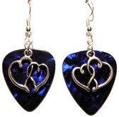 Double Heart Hearts Charm on Dark Blue Guitar Pick Earrings