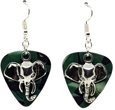 Elephant Head Charm on Guitar Pick Earrings, Handmade in USA