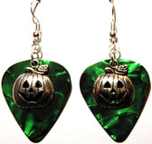 Halloween Jack-o-Lantern Pumpkin Charm on Green Guitar Pick Earrings
