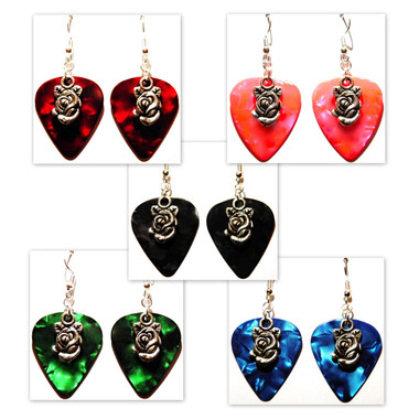 Rose Flower Charm on Guitar Pick Earrings Handmade in the USA