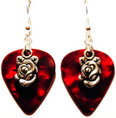 Rose Flower Charm on Red Guitar Pick Earrings Handmade in the USA