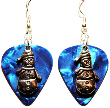 Snowman Christmas Charm on Teal Blue Guitar Pick Earrings Handmade in the USA