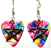 Double Stars Charm on Tie Dye Guitar Pick Earrings, Handmade in USA
