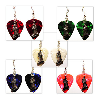 Christmas Stocking Charm on Guitar Pick Earrings Handmade in the USA