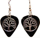 Tree of Life Charm on Black Guitar Pick Earrings Handmade in the USA