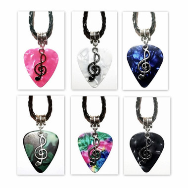Treble Clef Music Symbol Charm on Black, Braided Guitar Pick Necklace